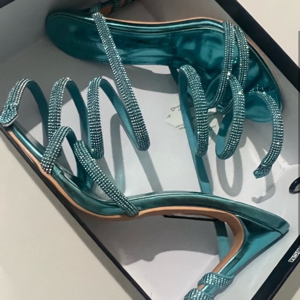 Azalea Wang Crystal Wrap Up Snake Heels Turquoise Teal Color